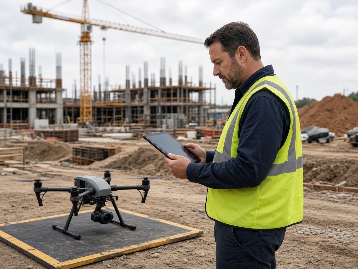 FAA Part 107 pilot reviewing a flight plan on a tablet beside a commercial drone